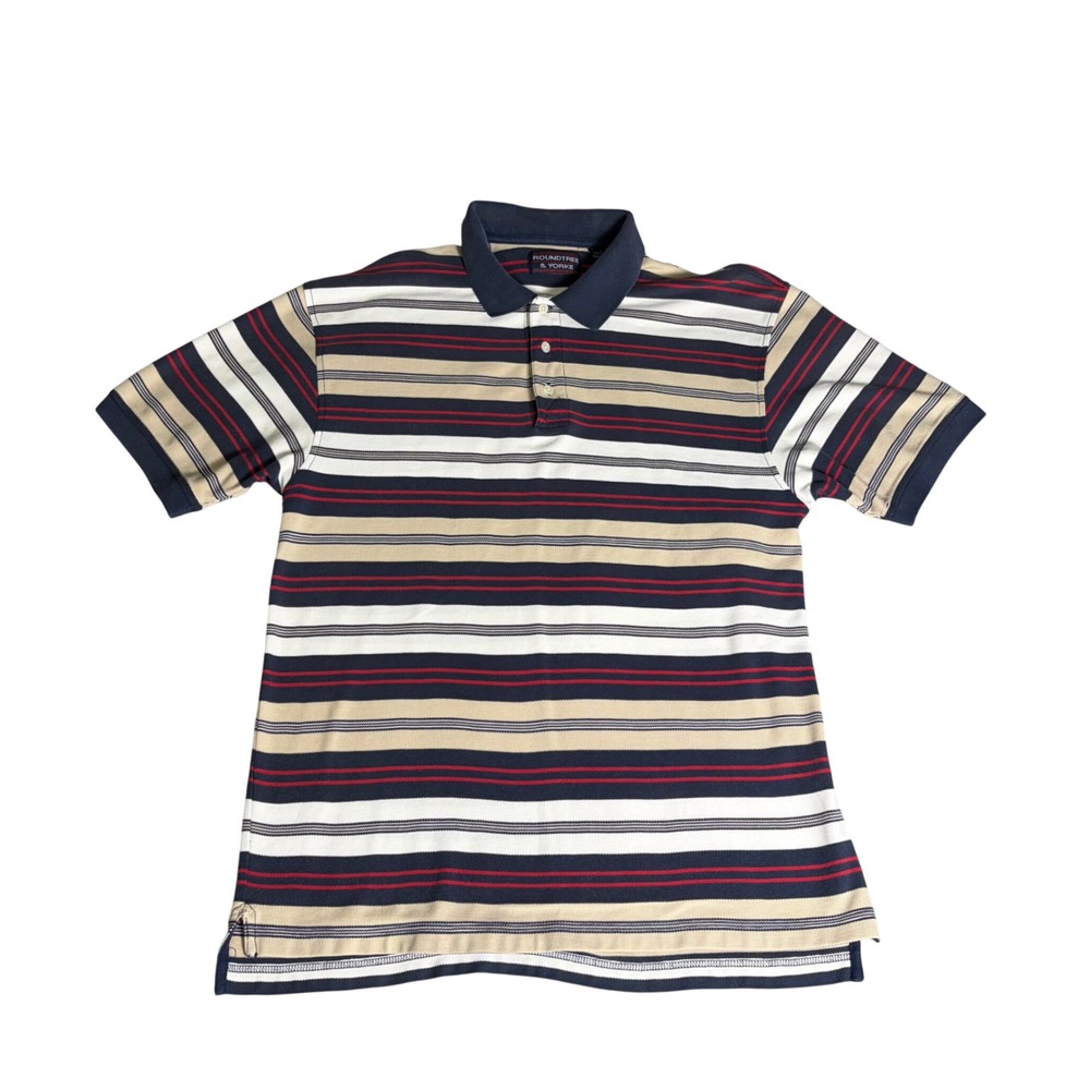 Roundtree & Yorke Mens Medium Polo Shirt Y2K Striped Cotton Navy Red Tan M